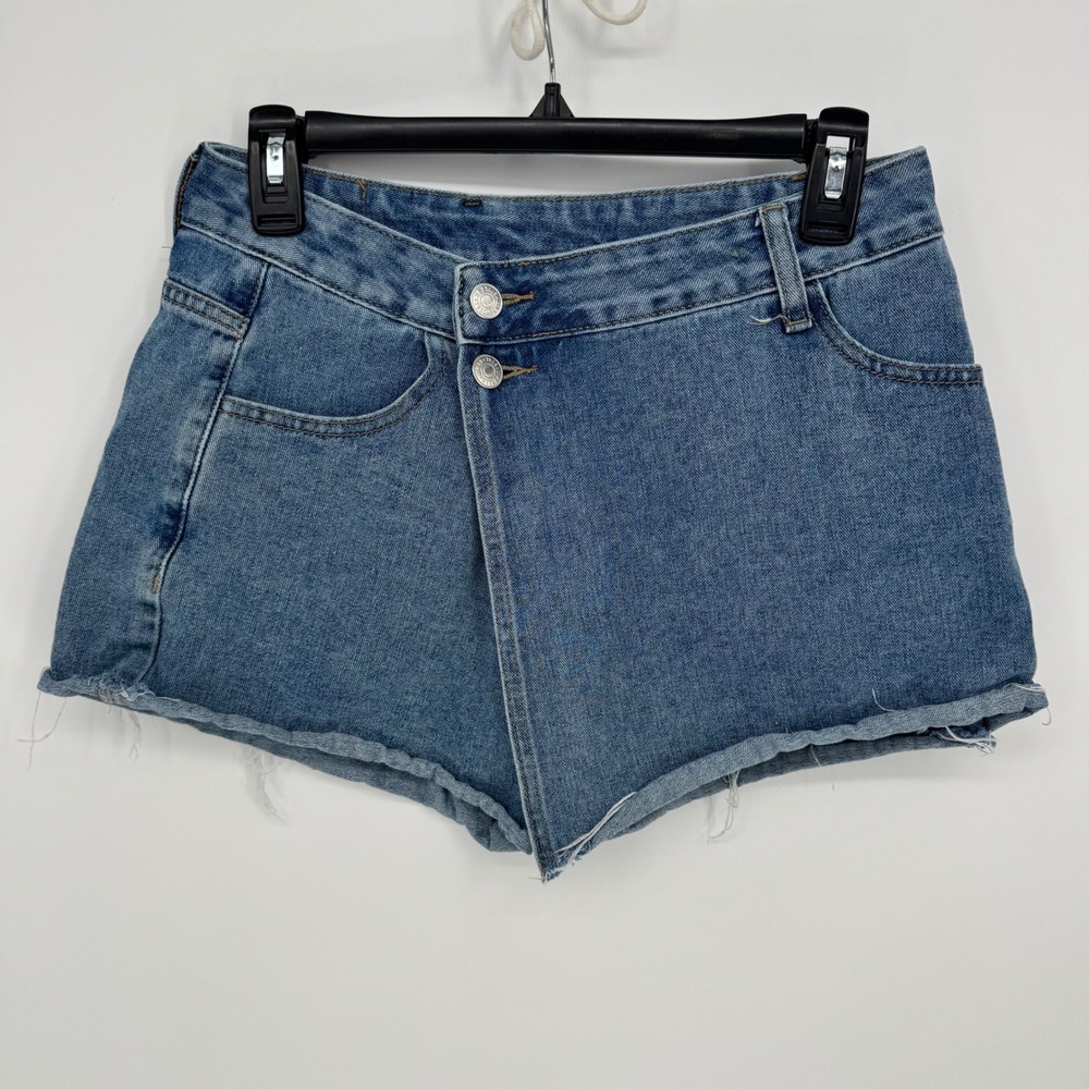 SHEIN Womens Denim Shorts Size 30 Blue Asymmetrical High Rise Raw Hem‎